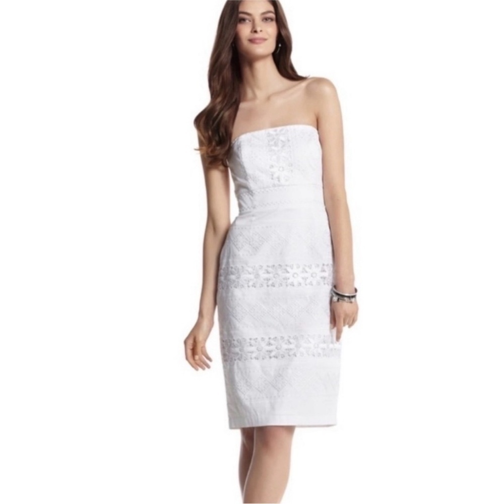 White House Black Market Strapless White Lace Sheath Dress